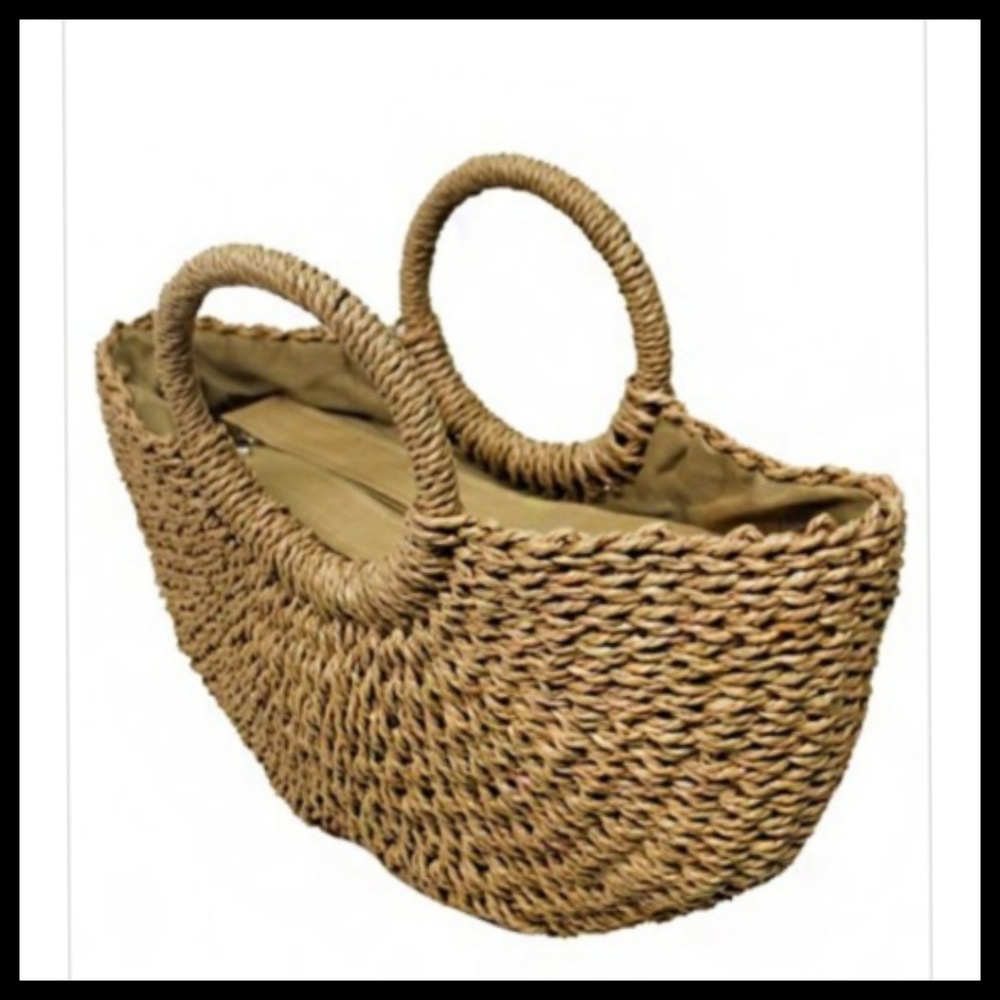 Natural Woven Straw Basket Tote Bag - Picture 2 of 4